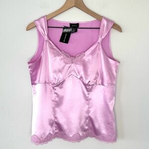 Vintage Y2K Satin Babydoll Tank Top by R.Q.T. Sz M NWT Deadstock Pink Lace